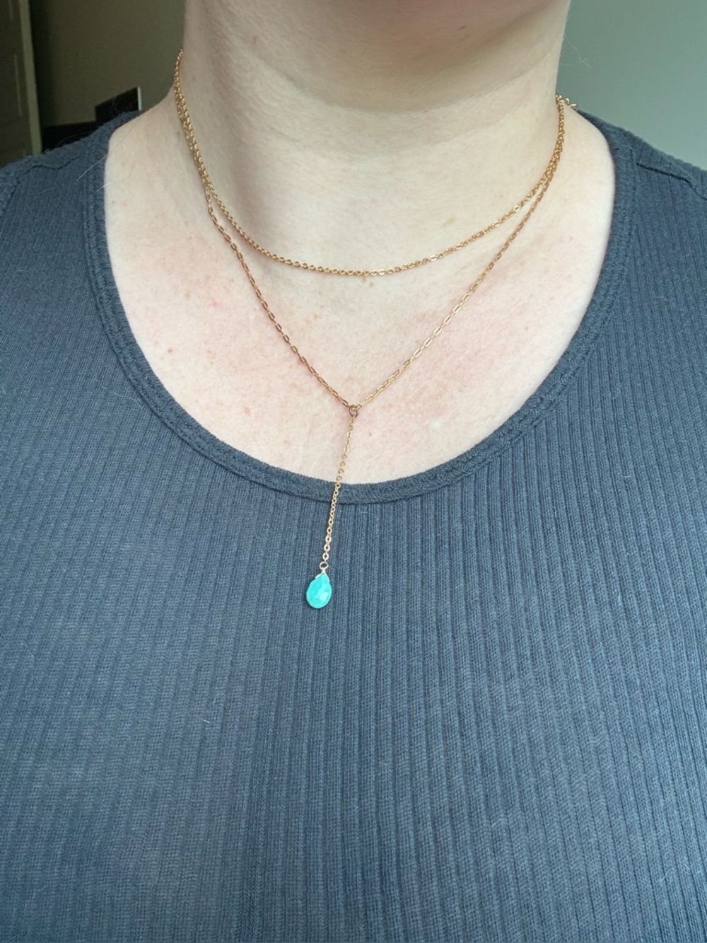 Gold Plated Lariat Necklace Turquoise Teardrop Pendant Y Necklace Layered Boho - Picture 6 of 16